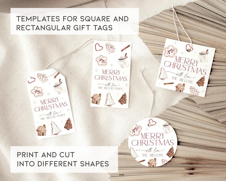 May include: Printable gift tags featuring a watercolor gingerbread theme. The tags are designed in square and rectangular shapes with the text "Merry Christmas with love The Millers".