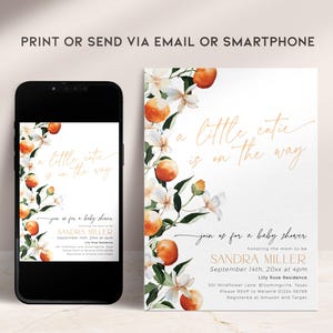 Pode incluir: Um convite para um ch&aacute; de beb&ecirc; com um design floral com flores de laranjeira e laranjas. O texto diz "a little cutie is on the way" e inclui o nome "Sandra Miller" e a data "September 14th, 20xx at 4pm".
