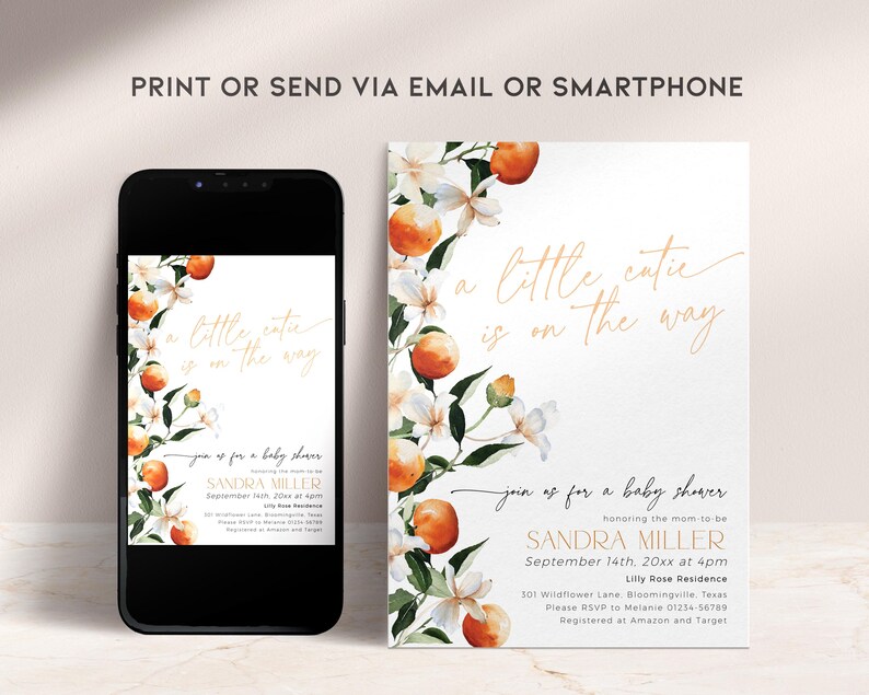 Pode incluir: Um convite para um ch&aacute; de beb&ecirc; com um design floral com flores de laranjeira e laranjas. O texto diz "a little cutie is on the way" e inclui o nome "Sandra Miller" e a data "September 14th, 20xx at 4pm".