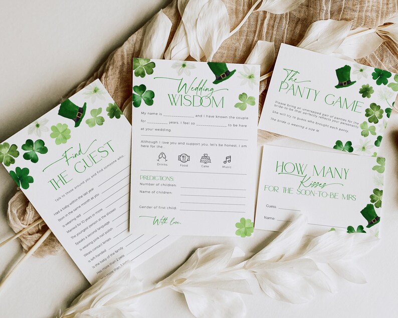 Lucky in Love St Patricks Day Bridal Shower Games Bundle, Editable Green Shamrock March Bachelorette Activity Pack, Irish Template, CH101 image 2