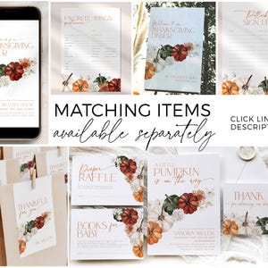 May include: A selection of autumn-themed stationery, including invitations and thank you cards. The designs feature watercolour pumpkins, flowers, and elegant typography. The text includes "Thanksgiving Dinner" and "A Little Pumpkin is on the Way."