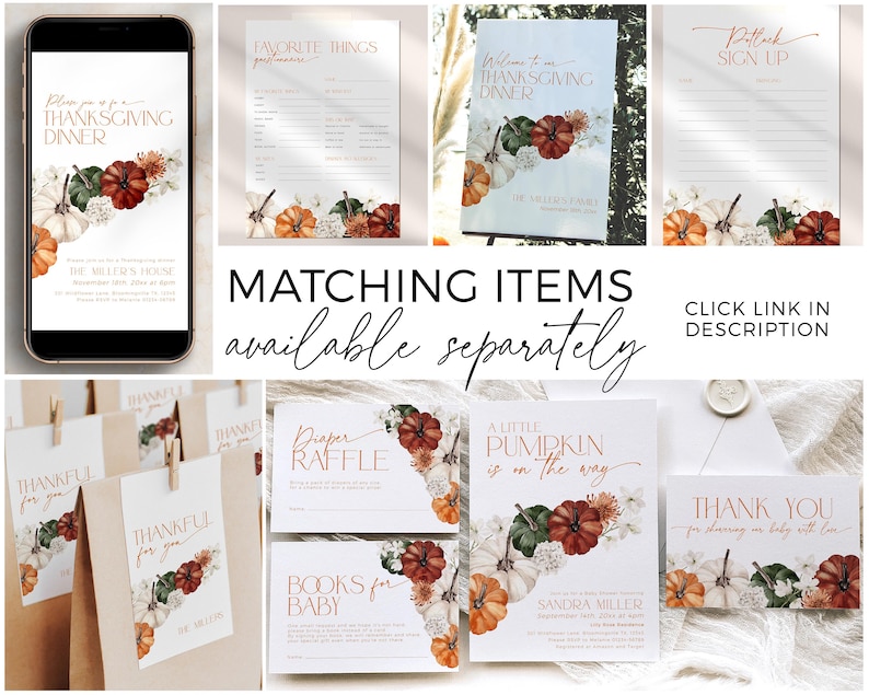 May include: A selection of autumn-themed stationery, including invitations and thank you cards. The designs feature watercolour pumpkins, flowers, and elegant typography. The text includes "Thanksgiving Dinner" and "A Little Pumpkin is on the Way."