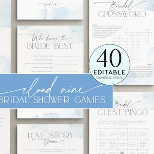 May include: A set of 40 printable bridal shower games and signs with a watercolor background. The games include "Who Knows the Bride Best", "Bridal Crossword", "Bridal Guest Bingo", and "Love Story Game".