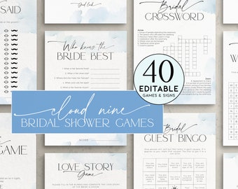 Shes On Cloud Nine Bridal Shower Games Bundle, Editable Hen Party Pack, Dusty Blue Sky Bachelorette Game, Wedding Activity Printable, BS37