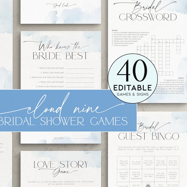 Shes On Cloud Nine Bridal Shower Games Bundle, Editable Hen Party Pack, Dusty Blue Sky Bachelorette Game, Wedding Activity Printable, BS37