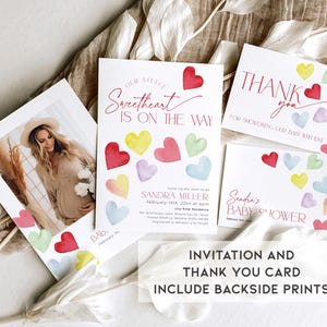 May include: Invitation and thank you card set for a baby shower. The cards feature a watercolor design with colorful hearts and the text "Our Little Sweetheart is on the Way" and "Sandra's Baby Shower".