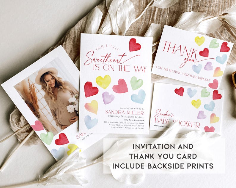 May include: Invitation and thank you card set for a baby shower. The cards feature a watercolor design with colorful hearts and the text "Our Little Sweetheart is on the Way" and "Sandra's Baby Shower".