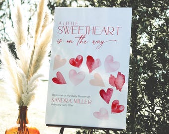 Pink Heart Valentines Baby Shower Welcome Sign Template, Red Coquette Little Sweetheart Way Signage, Girl February Sprinkle Decoration, CH84