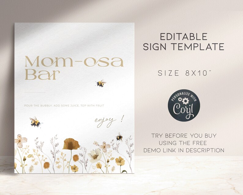Honey Bee Themed Mom-osa Bar Sign PRINTABLE, Gender Neutral Signature ...