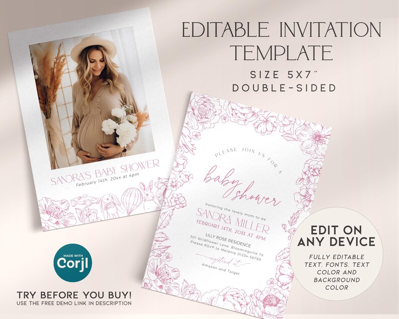 Może przedstawiać: Dwustronna szablon zaproszenia na baby shower z kwiatowym wzorem. Prz&oacute;d zawiera miejsce na zdjęcie i tekst "Savora's Baby Shower" oraz "February 14th 20xx at 4pm". Tył zawiera kwiatową ramkę z tekstem "Please join us for a baby shower" oraz "Honoring the lovely mom-to-be Sandra Miller".