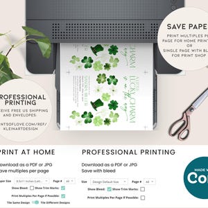 May include: A printable invitation for a party with a green shamrock and leprechaun hat design. The text on the invitation reads "A Little Lucky Charm is on the way".