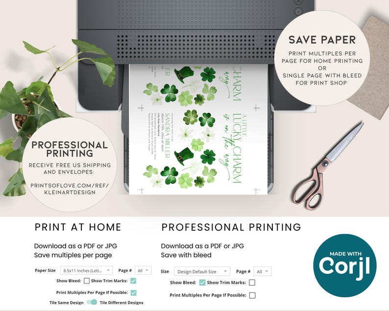 May include: A printable invitation for a party with a green shamrock and leprechaun hat design. The text on the invitation reads "A Little Lucky Charm is on the way".
