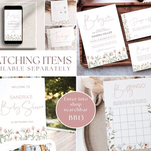May include: A set of printable baby shower invitations with a floral design. The invitations feature the text "Baby in Bloom" and "Sandra's Baby Shower".