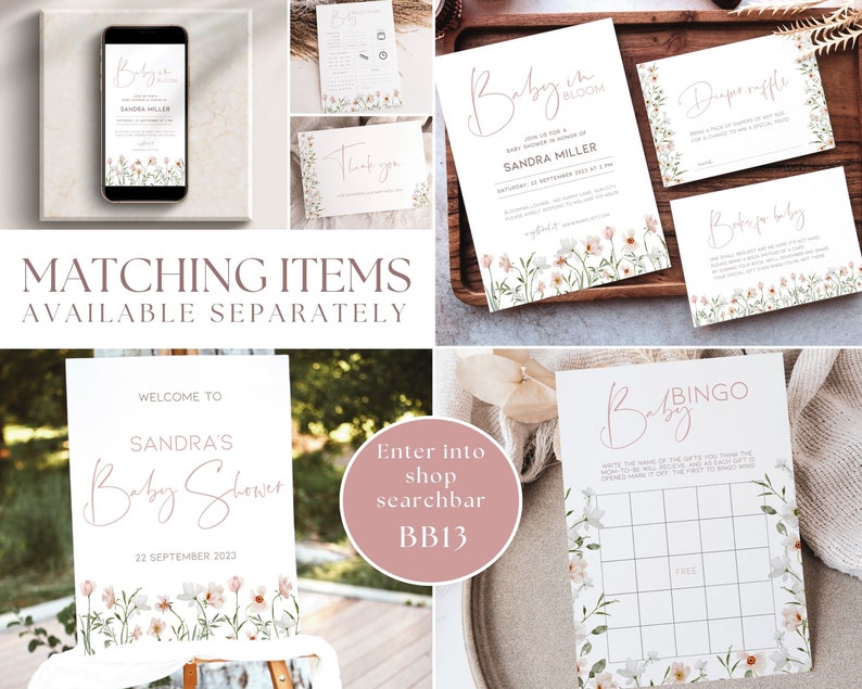 May include: A set of printable baby shower invitations with a floral design. The invitations feature the text "Baby in Bloom" and "Sandra's Baby Shower".