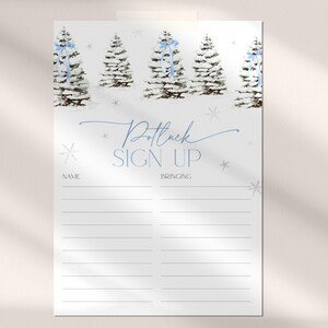 Puede incluir: Un cartel blanco imprimible con un tema de invierno azul y blanco. El cartel dice "Potluck Sign Up" y tiene dos columnas para los nombres y lo que van a traer.