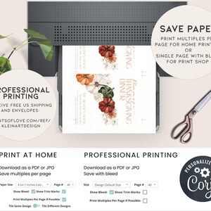 K&ouml;nnte beinhalten: Eine gedruckte Thanksgiving-Dinner-Einladung mit K&uuml;rbis- und Blumenillustrationen. Die Einladung wird auf einem Drucker gedruckt. Der Text enth&auml;lt "Professioneller Druck" und "Zu Hause drucken".