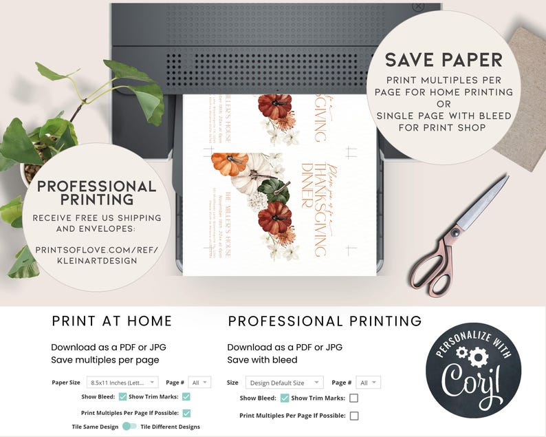 K&ouml;nnte beinhalten: Eine gedruckte Thanksgiving-Dinner-Einladung mit K&uuml;rbis- und Blumenillustrationen. Die Einladung wird auf einem Drucker gedruckt. Der Text enth&auml;lt "Professioneller Druck" und "Zu Hause drucken".