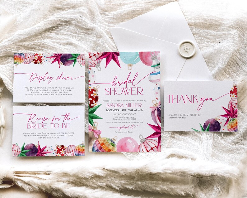 May include: A set of four printable cards for a bridal shower. The cards feature a watercolor illustration of colorful ornaments with a pink, red, and green color scheme. The text on the cards reads "Display Shower", "Recipe for the Bride-to-Be", "Bridal Shower", and "Thank You".