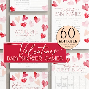 Little Sweetheart on the Way Pacchetto giochi per baby shower di San Valentino, pacchetto attività modificabile per ragazze con spruzzi di febbraio, cuori rosa e rossi, CH84