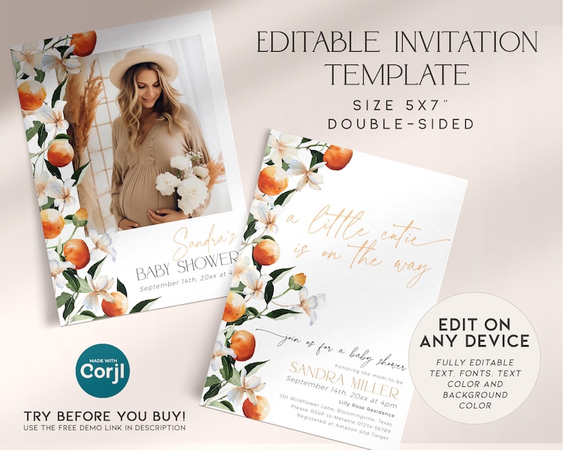 Pode incluir: Modelo de convite para ch&aacute; de beb&ecirc; edit&aacute;vel com um design floral com flores de laranja e folhas. O modelo &eacute; de duas faces e inclui uma foto de uma mulher gr&aacute;vida com um vestido bege. O texto do convite diz "Ch&aacute; de Beb&ecirc; da Sandra" e "Um pequeno amor est&aacute; a caminho".