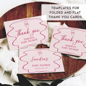 May include: Pale pink baby shower thank you cards with a decorative border and the words "Thank you". The cards are personalised with the name "Sandra" and event details. The image also includes the text "Templates for Folded and Flat Thank You Cards".