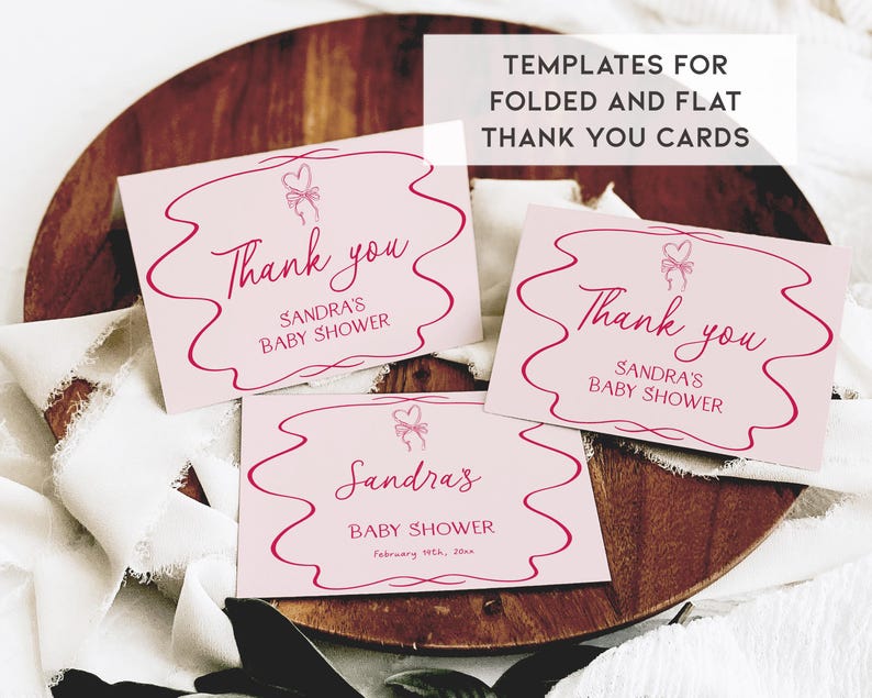 May include: Pale pink baby shower thank you cards with a decorative border and the words "Thank you". The cards are personalised with the name "Sandra" and event details. The image also includes the text "Templates for Folded and Flat Thank You Cards".