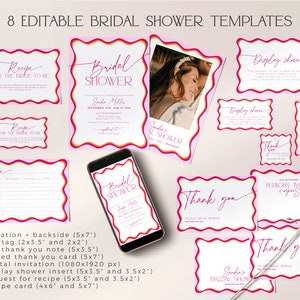 May include: Eight editable bridal shower templates in pink, red, and yellow with a wavy border. The templates include invitations, thank you cards, recipe cards, and a display shower insert. The text on the templates includes "Bridal Shower", "Thank You", "Recipe", and "Display Shower".