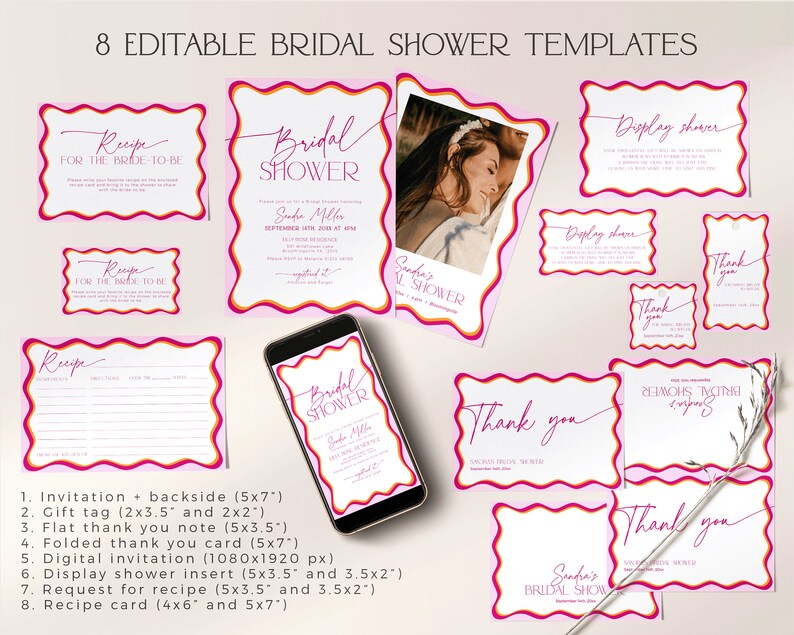 May include: Eight editable bridal shower templates in pink, red, and yellow with a wavy border. The templates include invitations, thank you cards, recipe cards, and a display shower insert. The text on the templates includes "Bridal Shower", "Thank You", "Recipe", and "Display Shower".