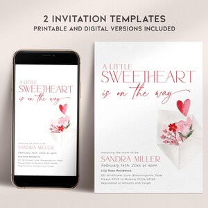 May include: Two printable baby shower invitation templates with a watercolor design of a pink and red envelope with flowers and a heart. The text reads "A Little Sweetheart is on the way".