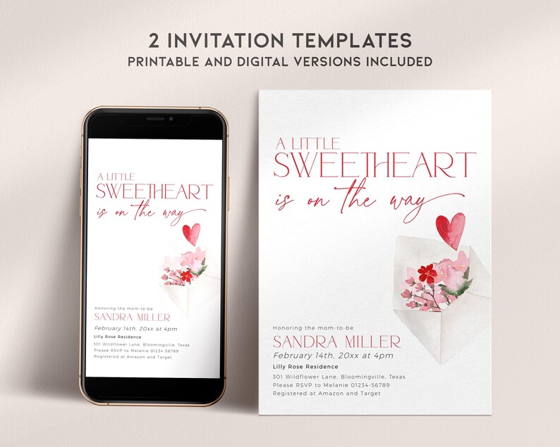 May include: Two printable baby shower invitation templates with a watercolor design of a pink and red envelope with flowers and a heart. The text reads "A Little Sweetheart is on the way".