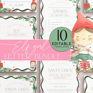 Im Back Elf Letter afdrukbare BUNDEL, Pink Goodbye Elf Girl Letters Digital Download Pack, bewerkbaar kerstmancertificaat, aankomst elfen, CH51