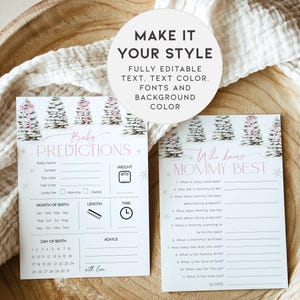 May include: Two printable baby shower game cards with a winter forest theme. The first card is a baby predictions game with a pink and white color scheme. The second card is a "Who Knows Mommy Best" game with a white background and black text.
