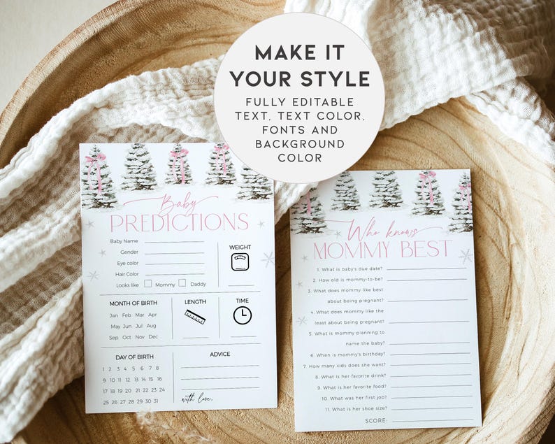 May include: Two printable baby shower game cards with a winter forest theme. The first card is a baby predictions game with a pink and white color scheme. The second card is a "Who Knows Mommy Best" game with a white background and black text.