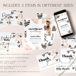 May include: A set of five printable baby shower items in black, white and pink with watercolour hearts. The set includes a double-sided invitation, a digital invitation, a diaper raffle ticket, a books for baby card and a thank you note. The text on the invitation reads "Sweetheart is in the way".