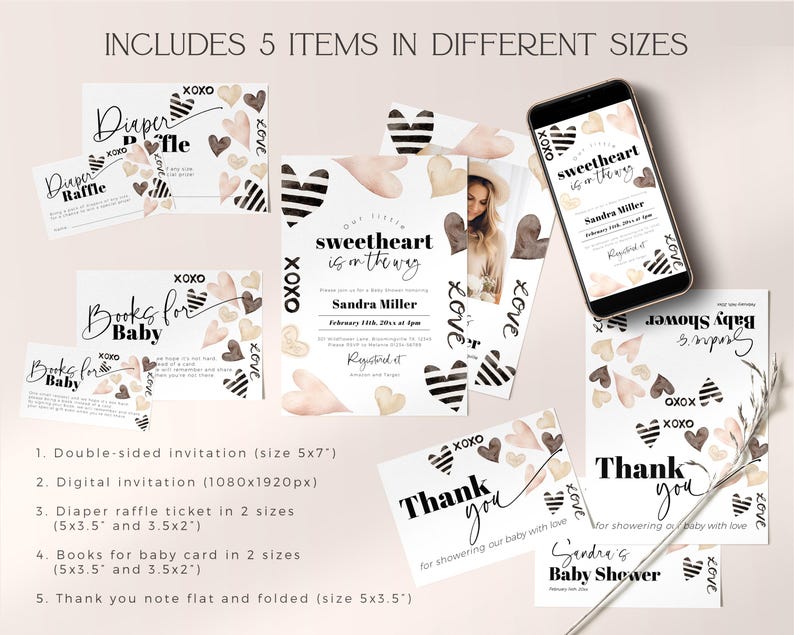 May include: A set of five printable baby shower items in black, white and pink with watercolour hearts. The set includes a double-sided invitation, a digital invitation, a diaper raffle ticket, a books for baby card and a thank you note. The text on the invitation reads "Sweetheart is in the way".