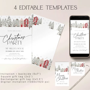 May include: A set of four Christmas-themed templates, including an invitation, gift tags, and a digital invitation. The designs feature a winter village scene with red and white houses, snow-covered trees, and the text "Christmas Party".