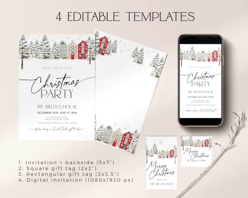 May include: A set of four Christmas-themed templates, including an invitation, gift tags, and a digital invitation. The designs feature a winter village scene with red and white houses, snow-covered trees, and the text "Christmas Party".