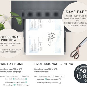 May include: A printer is shown with baby shower invitations. The invitations have a watercolor design and the text "baby shower". The image also includes text that says "Print at Home" and "Professional Printing". The image also includes the text "Personalize with Corjl".