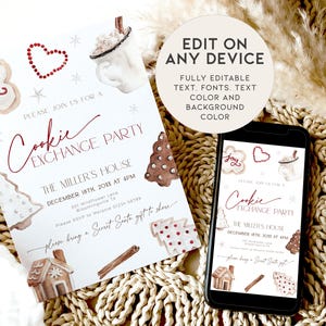 Puede incluir: Invitaci&oacute;n digital editable para una fiesta de intercambio de galletas. La invitaci&oacute;n presenta un fondo blanco con ilustraciones de galletas de jengibre, una casa de jengibre, palitos de canela y una taza de chocolate caliente. El texto de la invitaci&oacute;n dice "Por favor, &uacute;nase a nosotros para una fiesta de intercambio de galletas, La casa de los Miller, el 18 de diciembre de 20XX a las 4:00 PM".