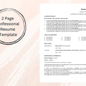 Puede incluir: Una imagen en blanco y negro de una plantilla de currículum con el texto "2 Page Professional Resume Template" en un círculo en la parte superior izquierda y el texto "Created to pass the Applicant Tracking System" en un círculo en la parte inferior derecha.