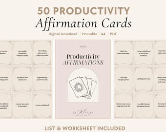Puede incluir: Un conjunto de 50 tarjetas de afirmación de productividad imprimibles con un fondo rosa y una ilustración en blanco y negro de un sol y una luna. El texto "Afirmaciones de productividad" está en negro. El texto "Lista y hoja de trabajo incluidas" está en negro en la parte inferior de la imagen.
