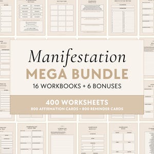 Puede incluir: Un paquete digital imprimible beige y marrón con el texto "Manifestation MEGA BUNDLE 16 WORKBOOKS + 6 BONUSES 400 WORKSHEETS 800 AFFIRMATION CARDS + 800 REMINDER CARDS" e imágenes de varias hojas de trabajo.