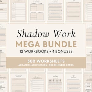 Puede incluir: Un producto digital descargable beige y blanco para el trabajo de la sombra. El producto incluye 12 cuadernos de trabajo, 4 bonificaciones, 300 hojas de trabajo, 600 tarjetas de afirmación y 600 tarjetas de recordatorio. El texto "Shadow Work Mega Bundle" está en letras grandes y negritas.