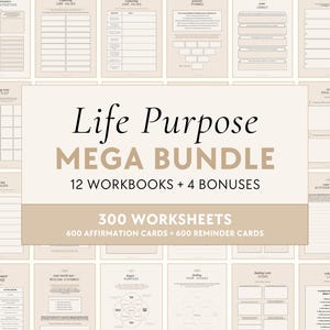 May include: A beige and brown digital download product for life purpose planning. The product includes 12 workbooks, 4 bonuses, 300 worksheets, 600 affirmation cards, and 600 reminder cards.