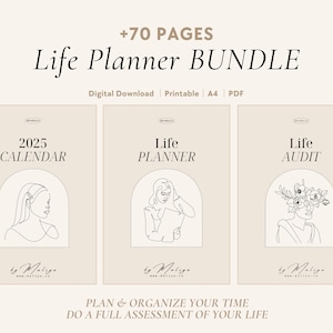 Può includere: Un pacchetto di download digitale di pagine di planner di vita stampabili. Il pacchetto include un calendario 2025, un planner di vita e un audit di vita. Le pagine sono progettate in uno stile minimalista con disegni lineari di donne e fiori.