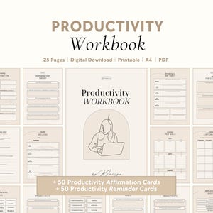 May include: A beige Productivity Workbook with the title in a dark brown font. The workbook includes 25 pages, is a digital download, and printable in A4 size. The cover features a line drawing of a person using a laptop. Includes 50 affirmation and reminder cards.