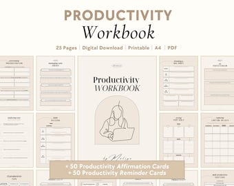 Puede incluir: Un cuaderno de trabajo de productividad beige con el título en fuente marrón oscuro. El cuaderno de trabajo incluye 25 páginas, es una descarga digital e imprimible en tamaño A4. La portada presenta un dibujo lineal de una persona usando una computadora portátil. Incluye 50 tarjetas de afirmación y recordatorio.