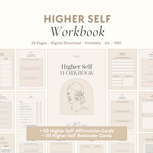 May include: A digital printable workbook titled "Higher Self Workbook" with a minimalist design featuring a line drawing of a woman's face with flowers. The workbook includes 25 pages and comes with 50 affirmation cards and 50 reminder cards.