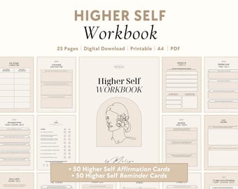 May include: A digital printable workbook titled "Higher Self Workbook" with a minimalist design featuring a line drawing of a woman's face with flowers. The workbook includes 25 pages and comes with 50 affirmation cards and 50 reminder cards.