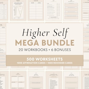 Könnte beinhalten: Eine Sammlung von beigefarbenen und weißen Arbeitsbüchern und Affirmationskarten. Der zentrale Text lautet "Higher Self MEGA BUNDLE" mit Details zu 20 Arbeitsbüchern, 6 Boni, 500 Arbeitsblättern und 1000 Affirmations- und Erinnerungskarten.